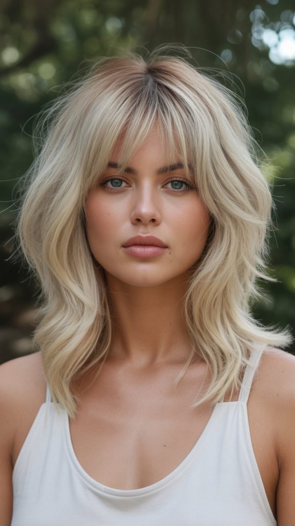Ash Blonde Layered Bob with Textured Curtain Bangs