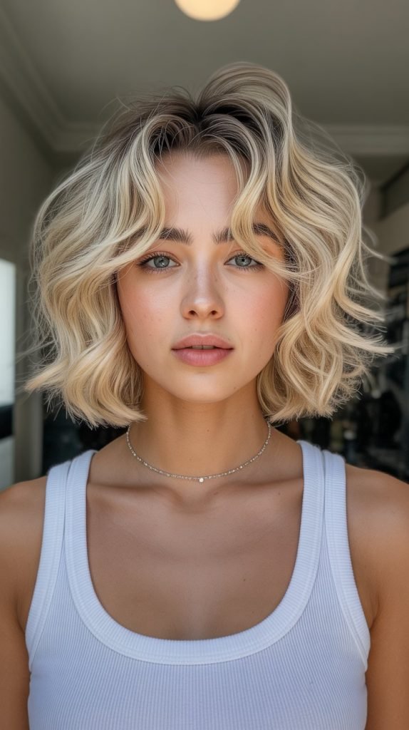 5. Ash Blonde Wavy Bob with Feathered Curtain Bangs