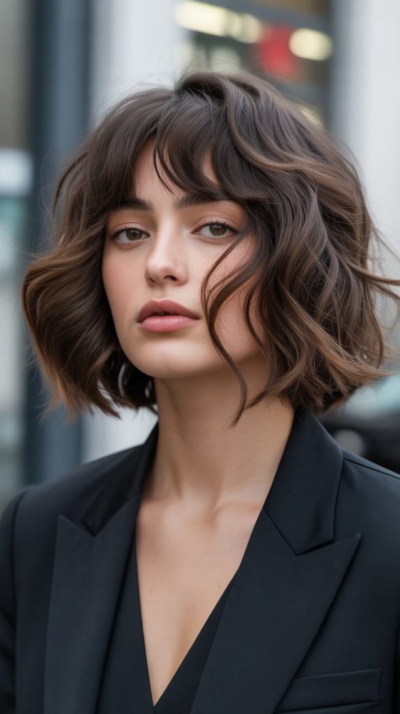 18. Asymmetrical Wavy Long Bob with Curtain Bangs