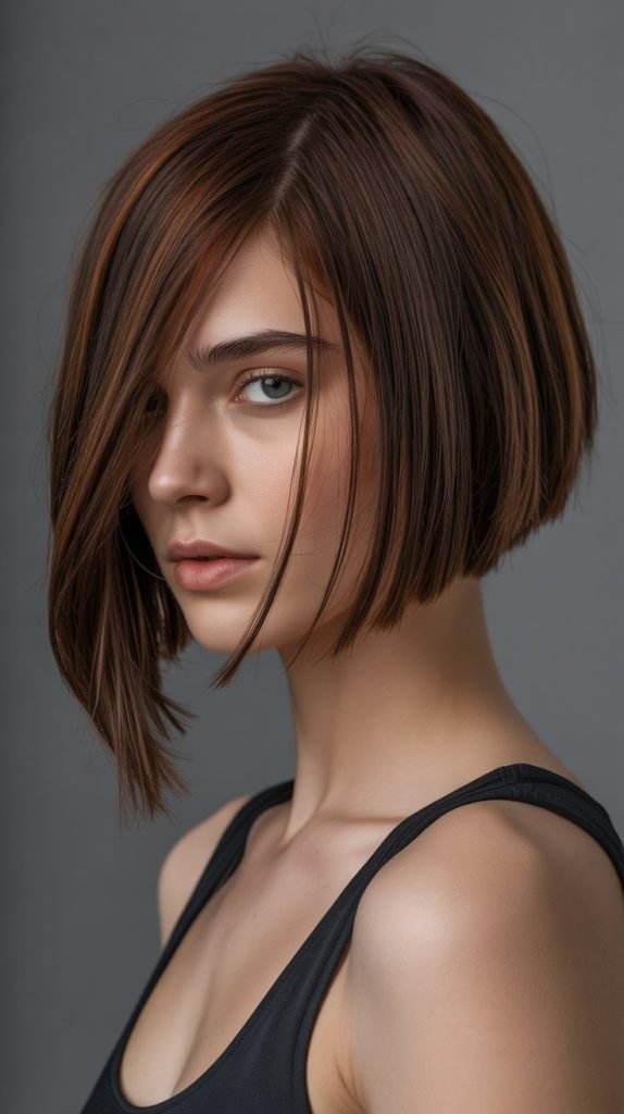 4. Asymmetrical Long Bob with Side-Swept Curtain Bangs