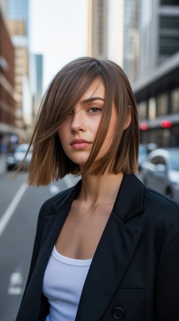 6. Asymmetrical Long Bob with Side-Swept Curtain Bangs