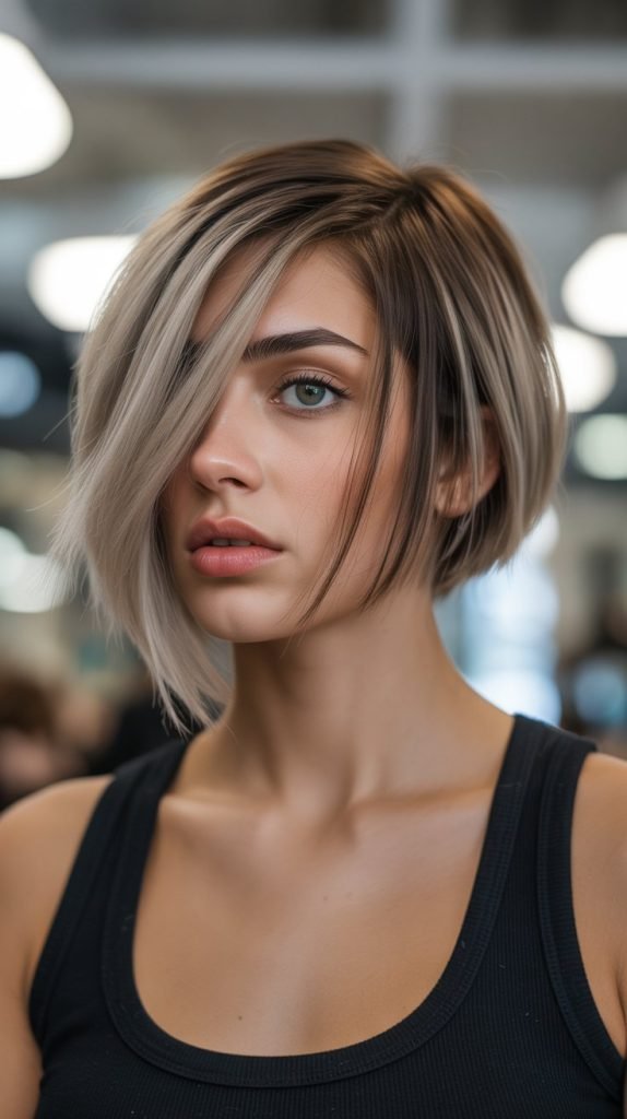 5. Asymmetrical Inverted Bob with Side-Swept Curtain Bangs