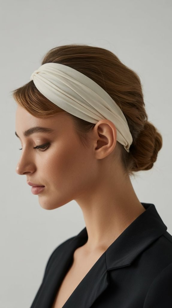 21. Asymmetrical Low Bun with Wide Elastic Headband