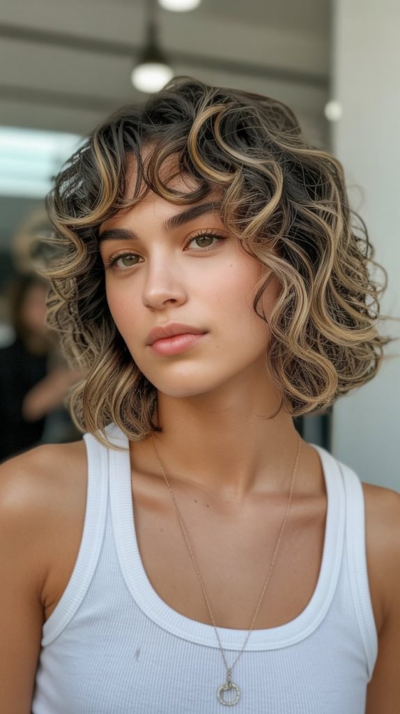 Balayage Curly Bob with Face-Framing Curtain Bangs