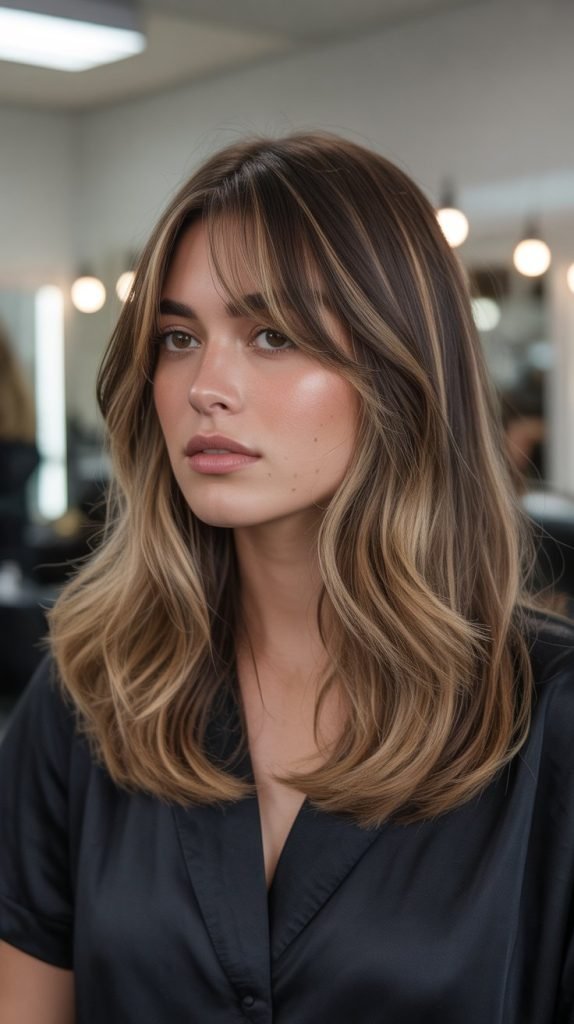 3. Balayage Long Bob with Blended Curtain Bangs
