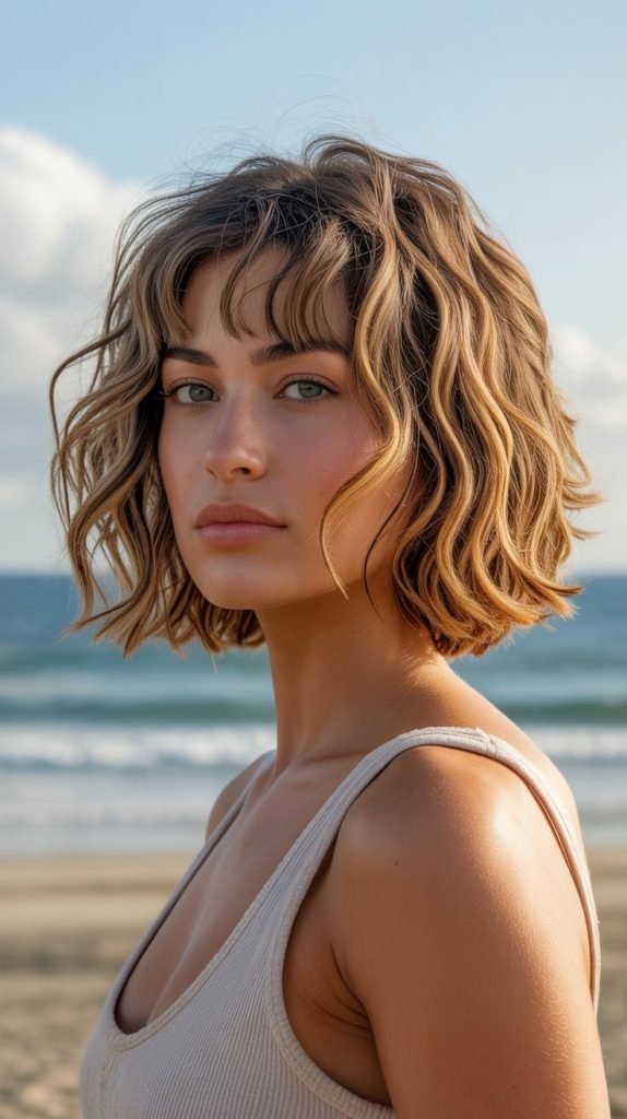 Beachy Waves Long Bob with Tousled Curtain Bangs