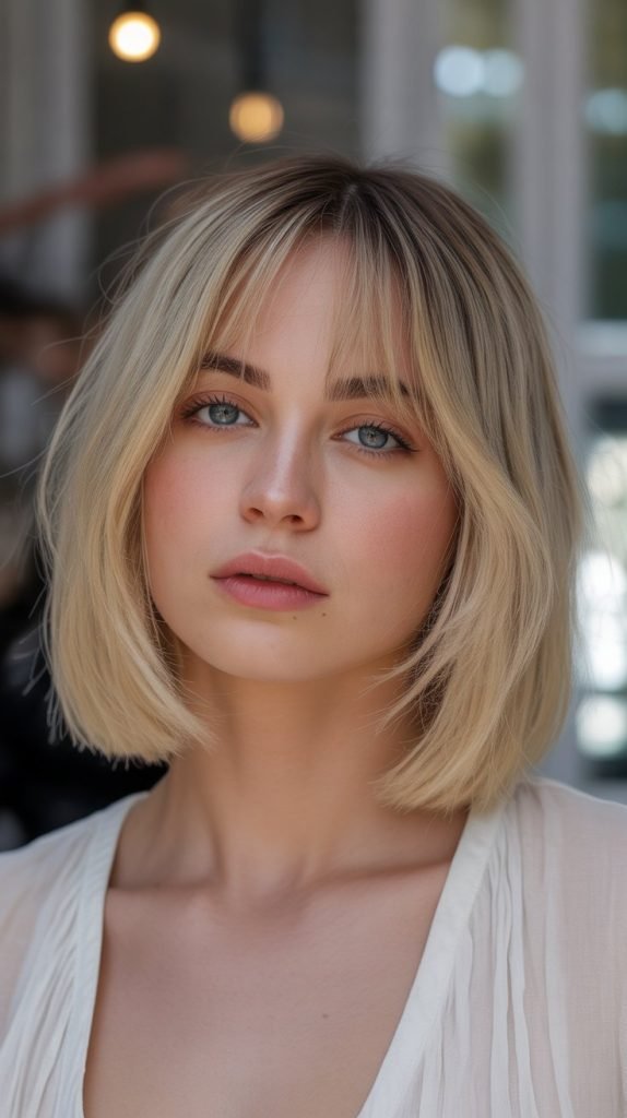 11. Beige Blonde Bob with Curtain Bangs and Babylights