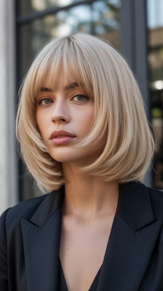7. Angled Long Bob with Full Bangs