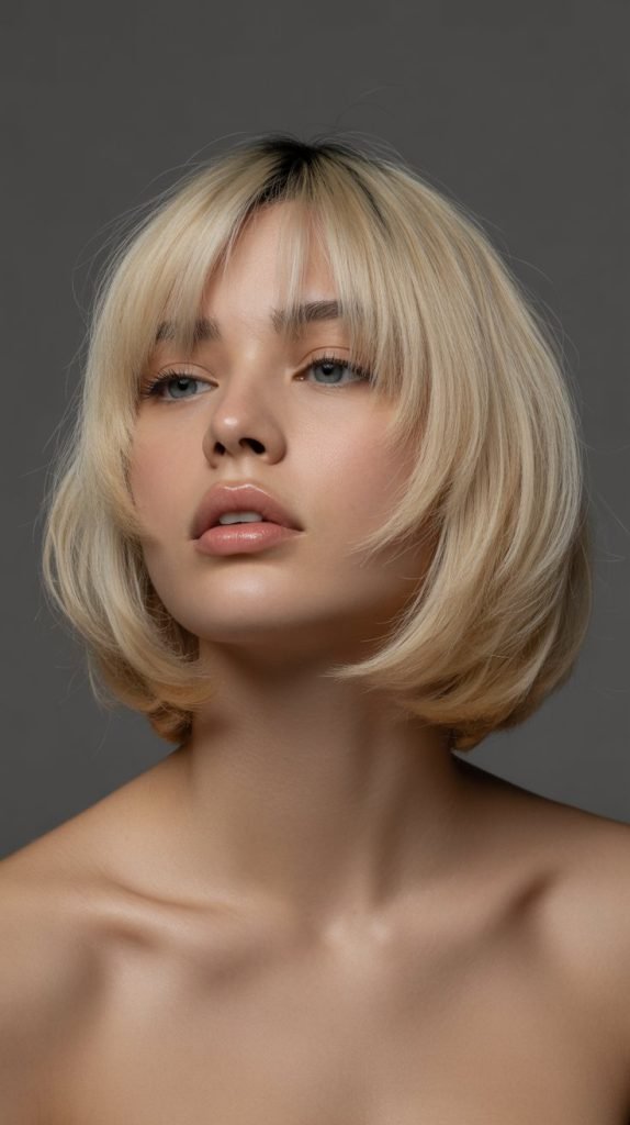 . Beige Blonde Inverted Bob with Long Curtain Bangs