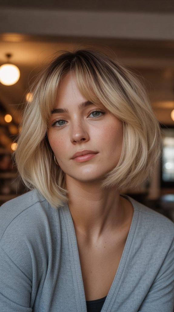 30. Biscuit Blonde Bob with Curtain Bangs
