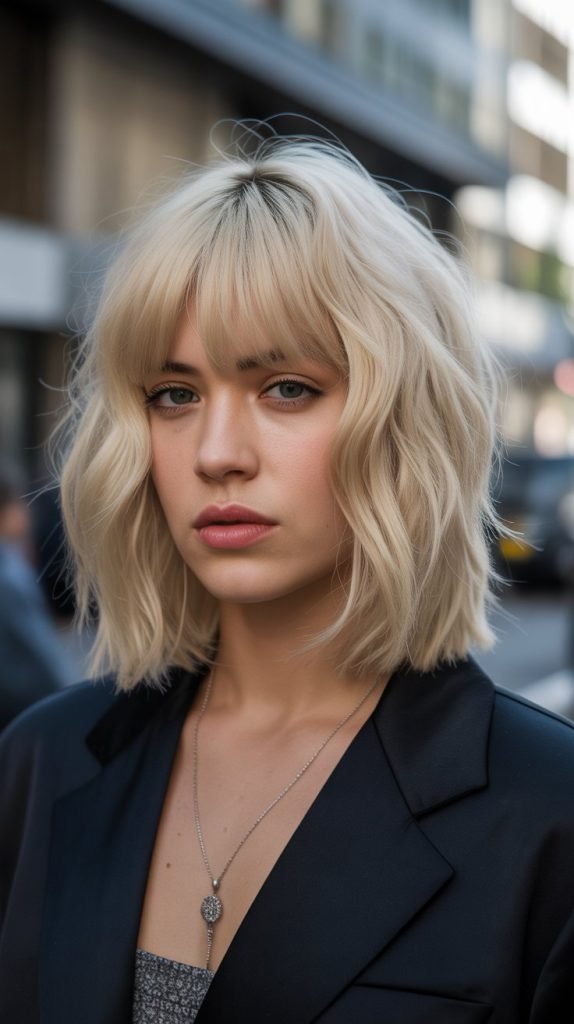 29. Tucked Long Bob with Short Wispy Bangs