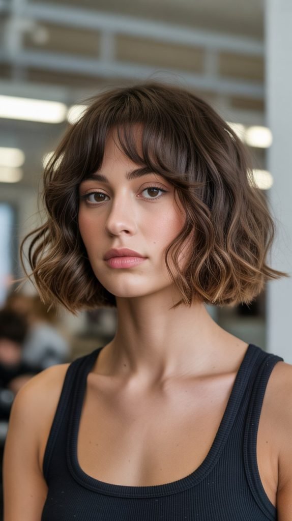 6. Blunt Cut Wavy Long Bob with Curtain Bangs