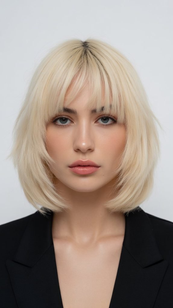 6. Blunt Cut Long Bob with Curtain Bangs