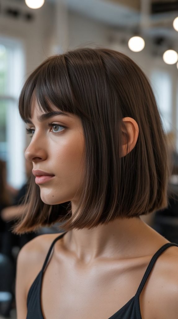 2. Blunt Cut Long Bob with Soft Curtain Bangs