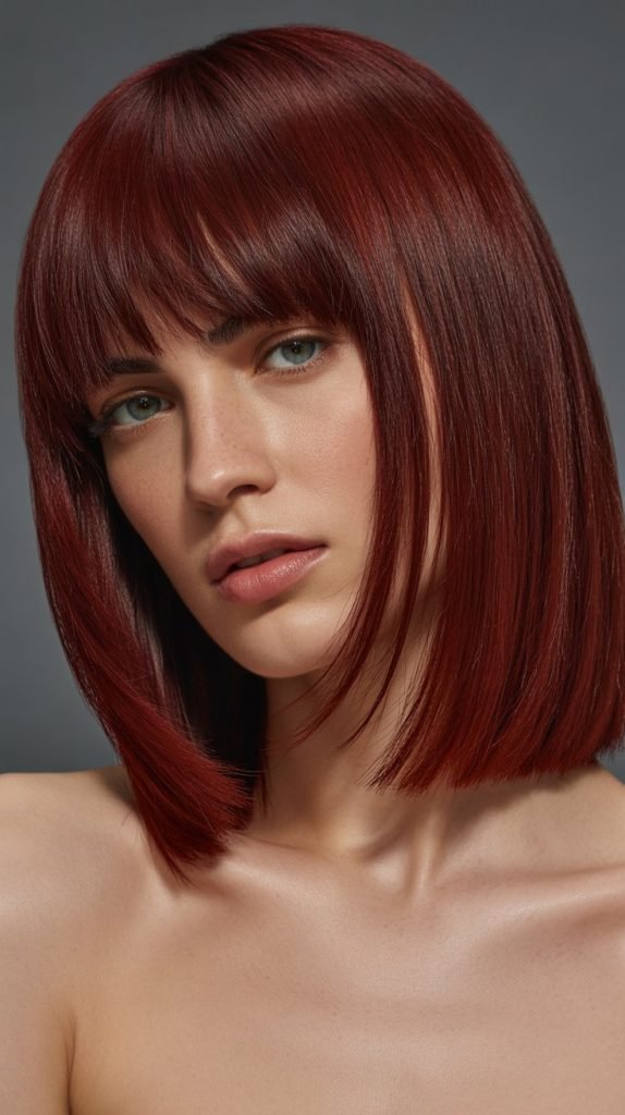 Bold Angled Long Bob with Full Curtain Bangs