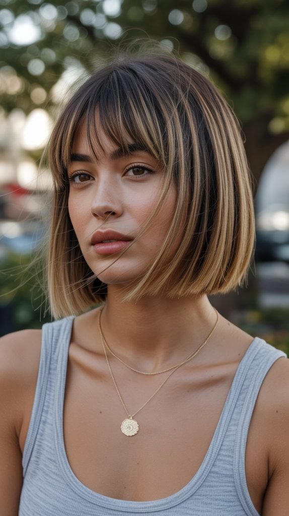 14. Bronde Bob with Curtain Bangs