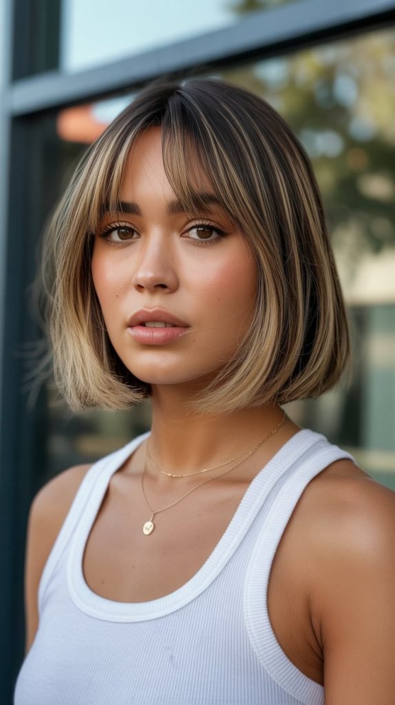 10. Bronde Bob with Curtain Bangs