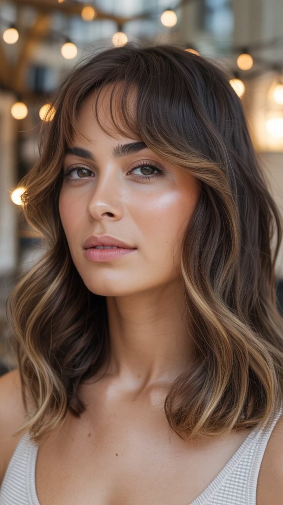 Caramel Balayage with Curved Bangs