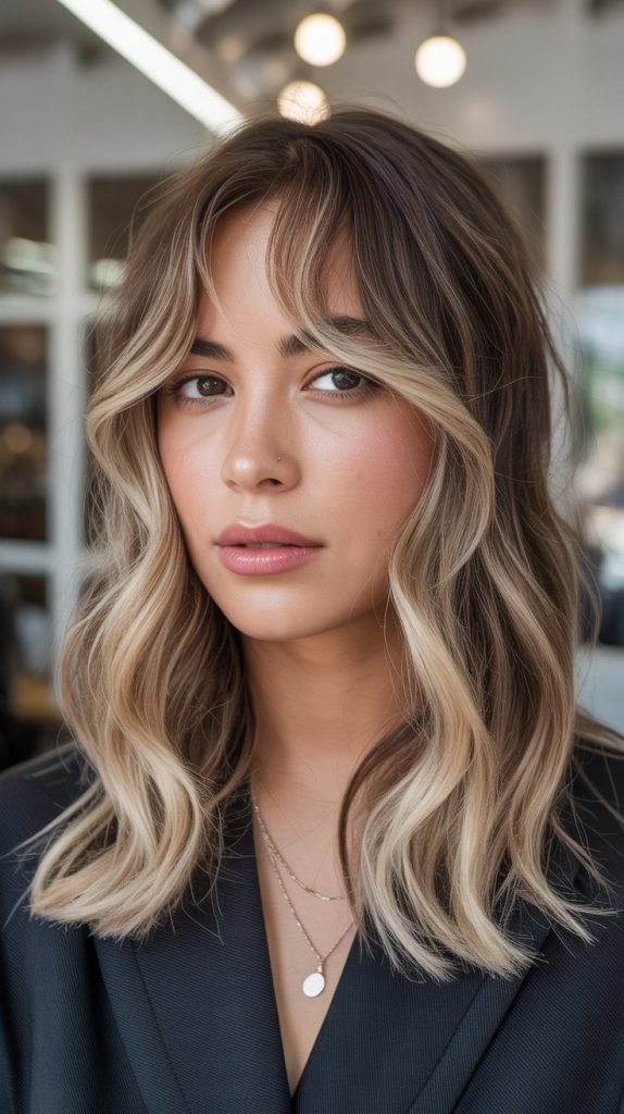 Beige Blonde Balayage with Curtain Bangs