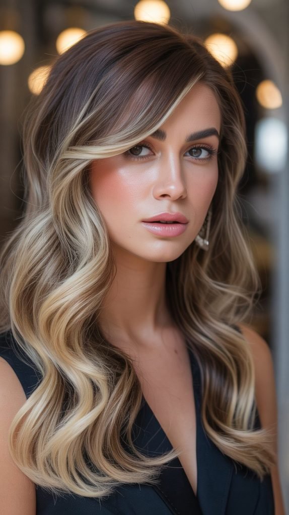 Champagne Balayage with Side-Swept Bangs