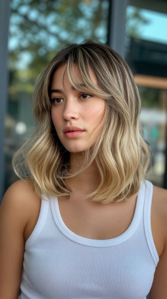 18. Butter Blonde Lob with Curtain Bangs and Balayage