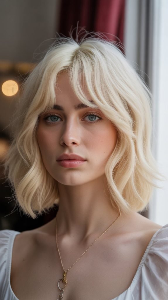 19. Butter Cream Blonde Bob with Curtain Bangs