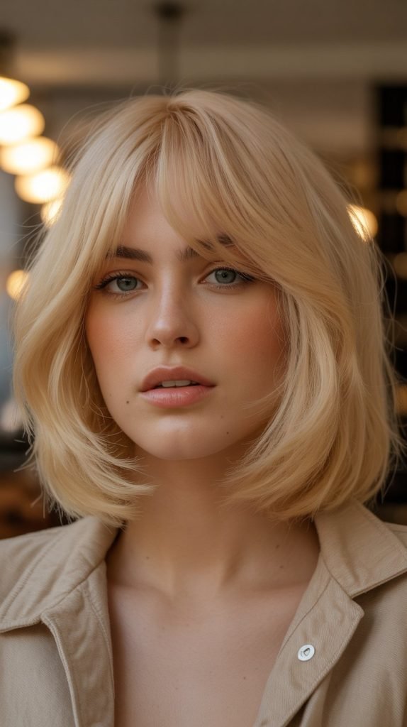 Butter Pecan Blonde Bob with Curtain Bangs