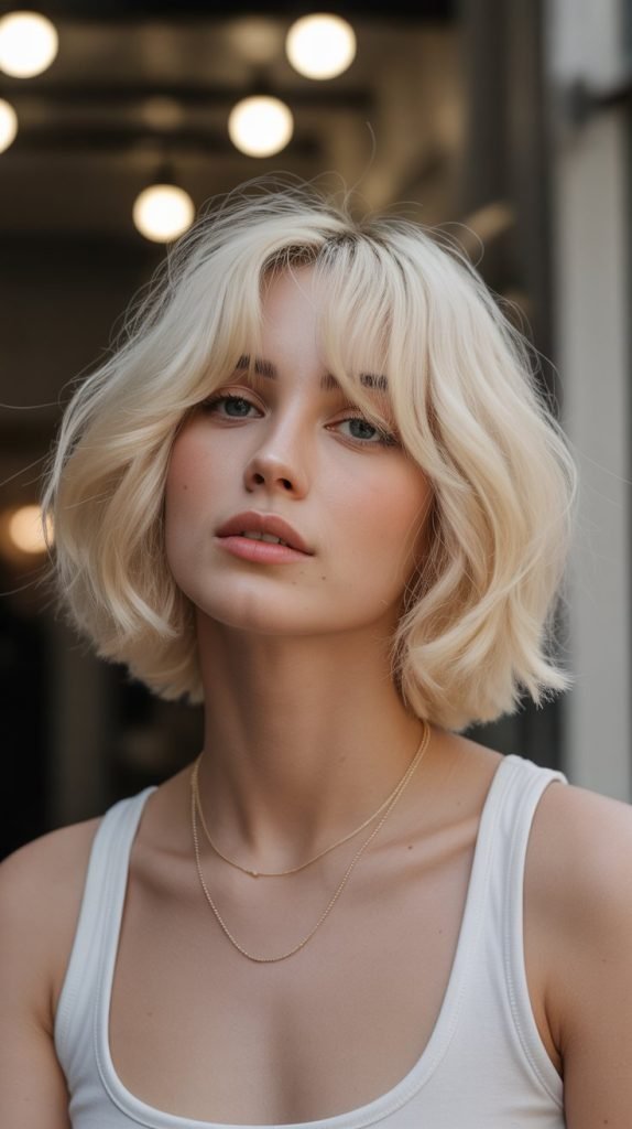 29. Buttermilk Blonde Bob with Curtain Bangs