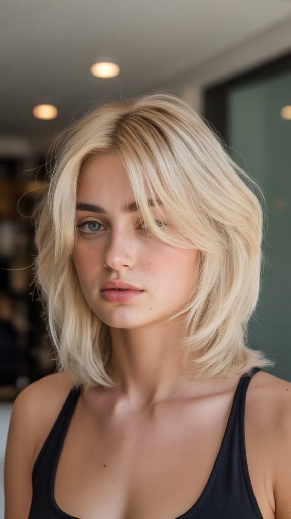 4. Buttery Blonde Lob with Side-Swept Curtain Bangs