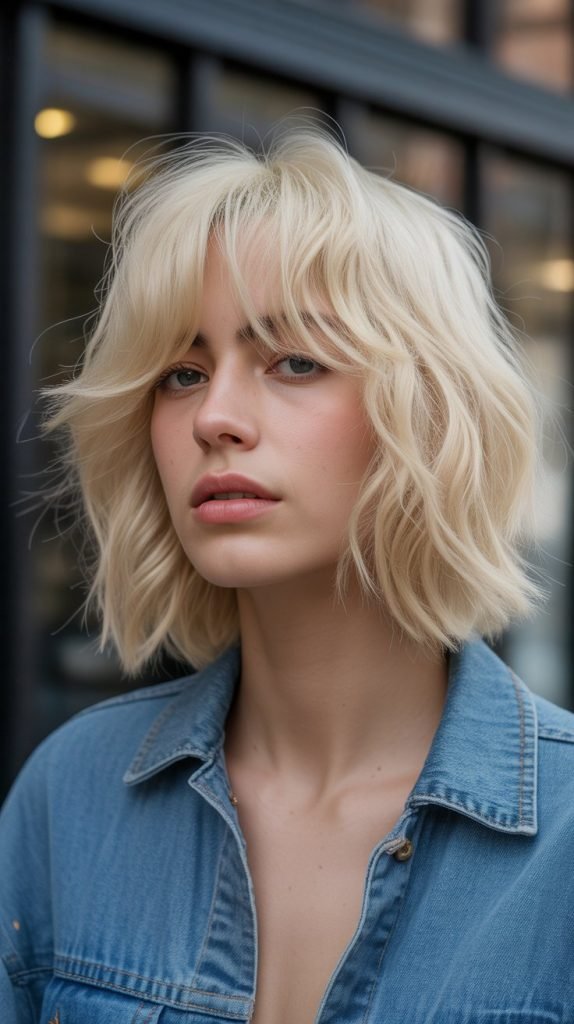 Buttery Blonde Messy Bob with Curtain Bangs