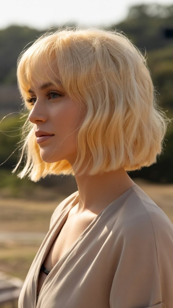 2. Buttery Blonde Bob with Face-Framing Curtain Bangs