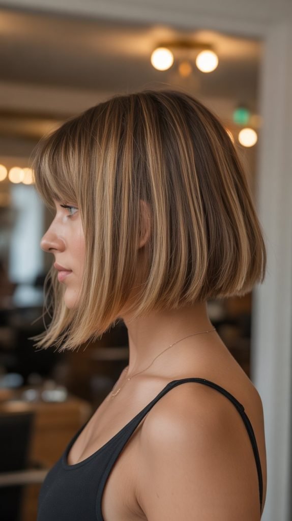 Caramel Blonde Graduated Bob with Curtain Bangs