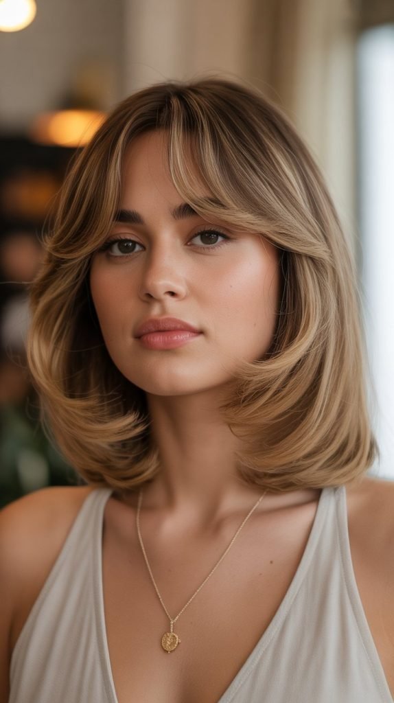 15. Caramel Blonde Lob with Swoopy Curtain Bangs