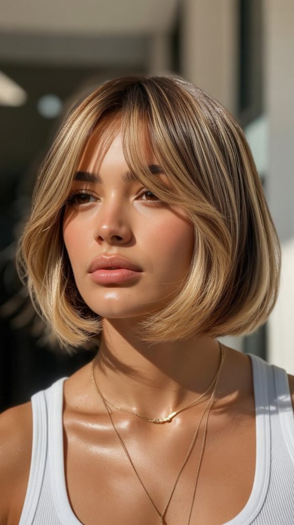 17. Caramel Blonde Bob with Long Sweeping Curtain Bangs