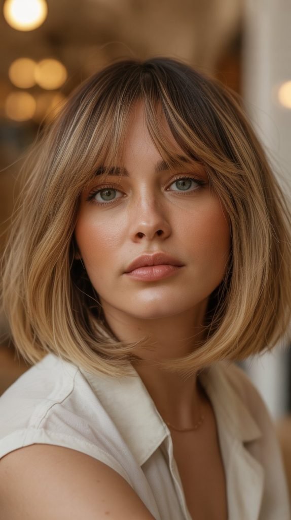 15. Caramel Blonde Bob with Curtain Bangs
