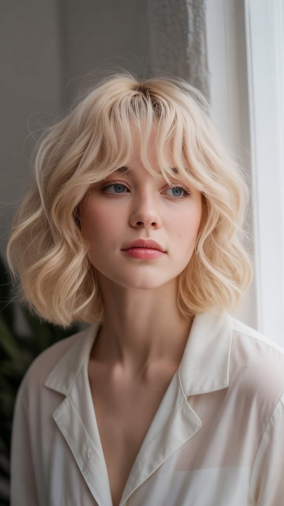 4. Wavy Long Bob with Wispy Bangs