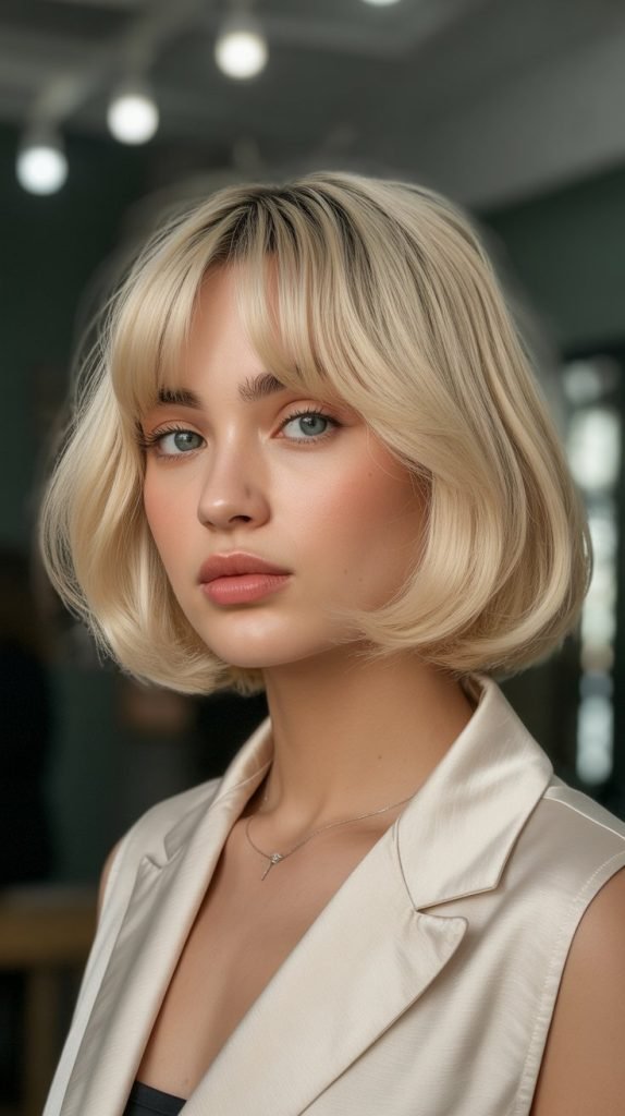 11. Champagne Blonde Bob with Baby Curtain Bangs