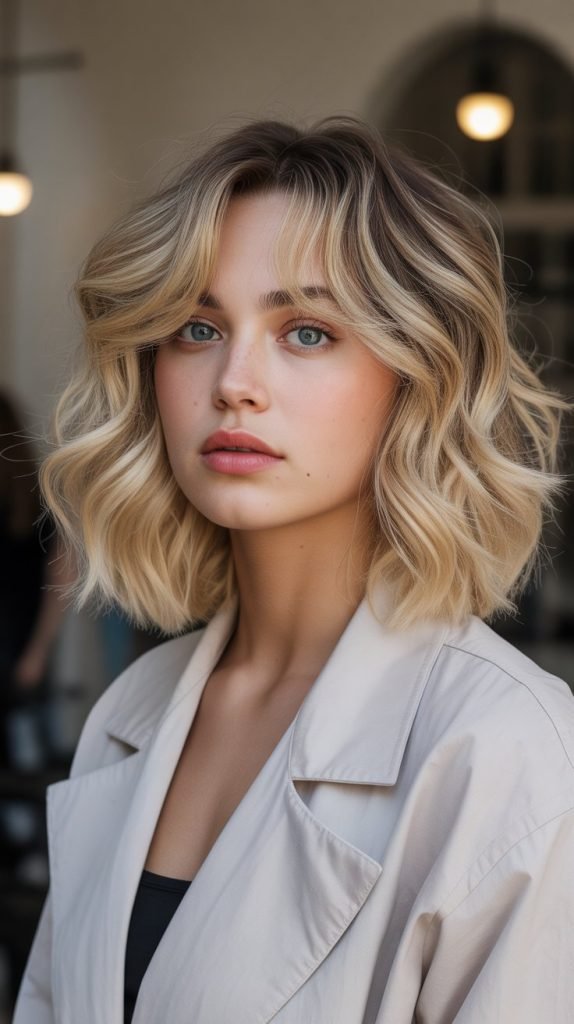 Champagne Blonde Wavy Bob with Soft Curtain Bangs