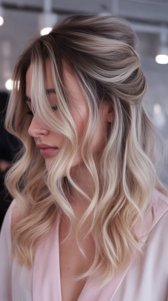 7. Champagne Blonde Balayage with Dark Ash Roots