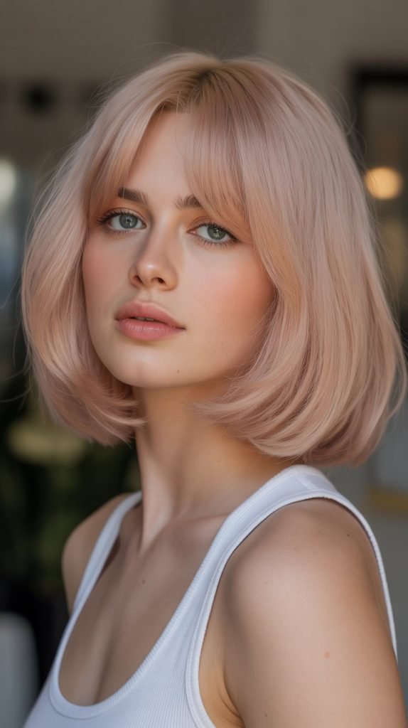 26. Champagne Pink Blonde Bob with Curtain Bangs