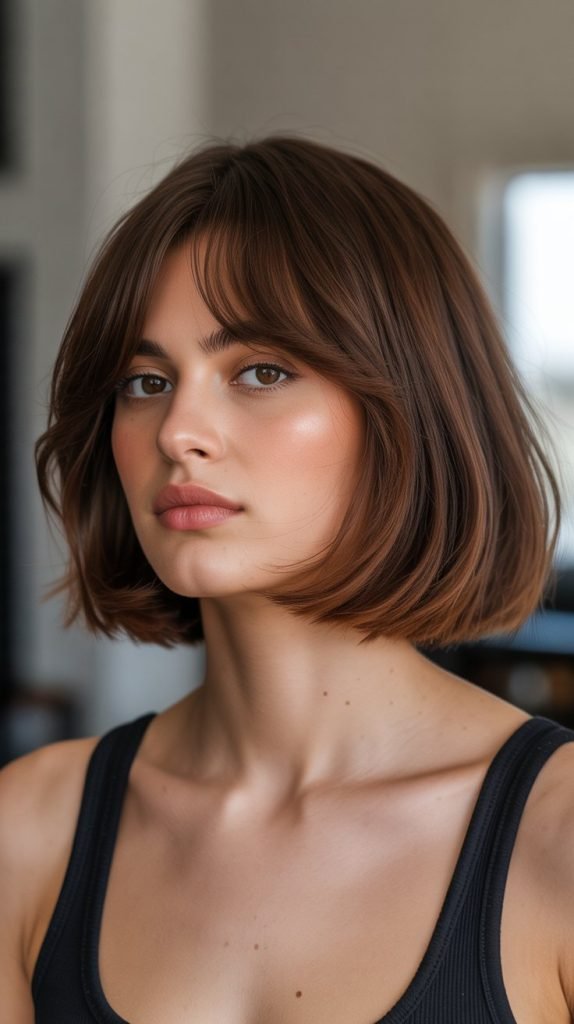 Chocolate Brown Long Bob with Curtain Bangs