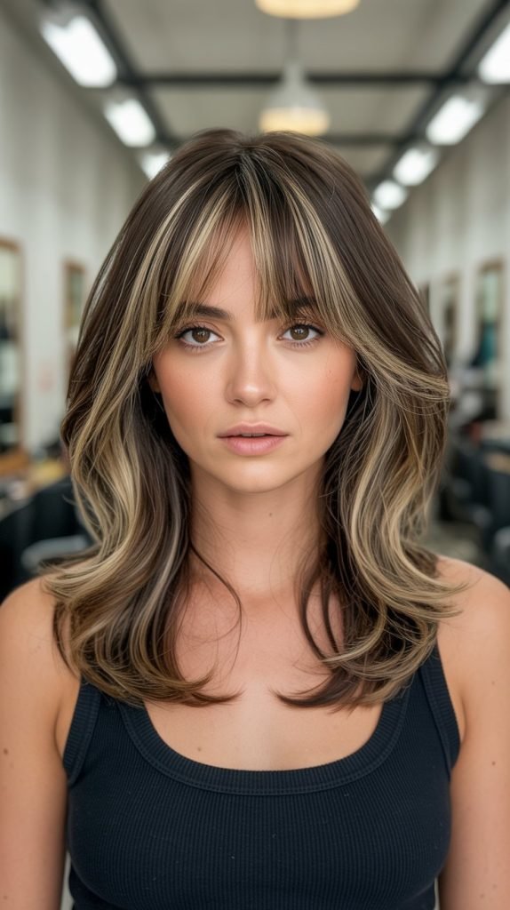  Buttery Blonde Foil Highlights with Layered Bangs