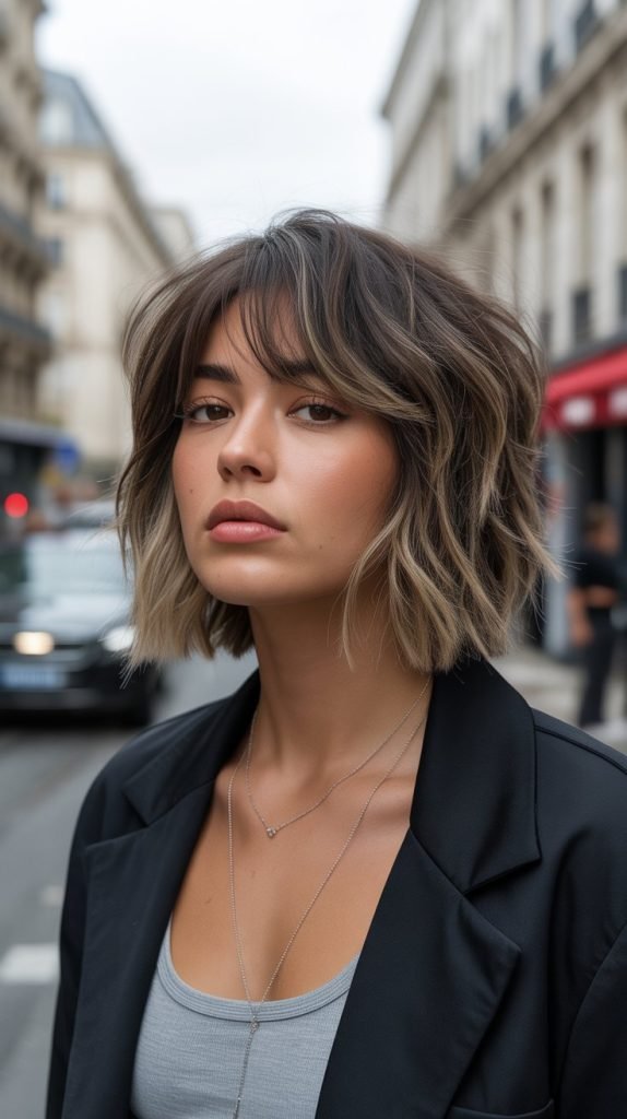 8. Choppy Long Bob with Feathered Curtain Bangs