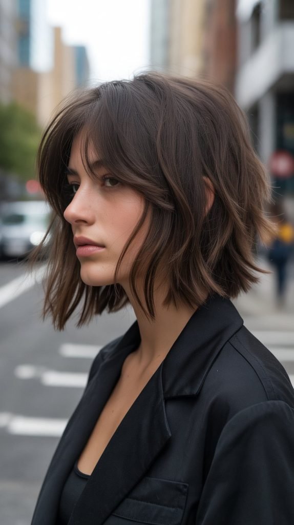 5. Choppy Textured Long Bob with Curtain Bangs