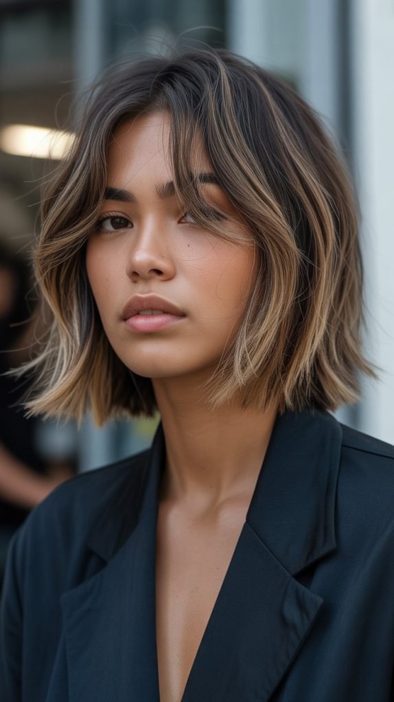 20. Chunky Highlighted Long Bob with Dimensional Curtain Bangs