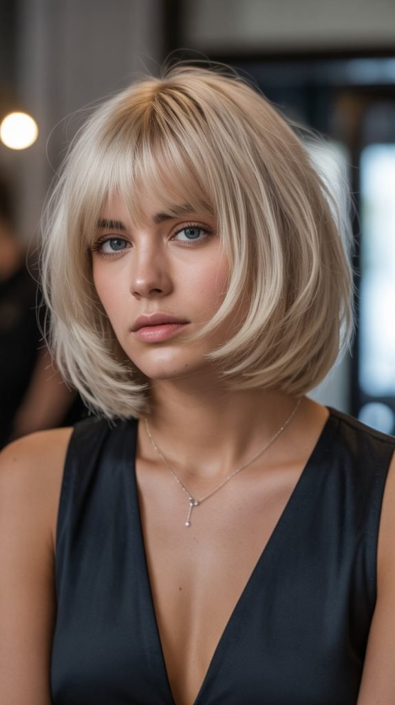 22. Cool Blonde Bob with Curtain Bangs and Lowlights