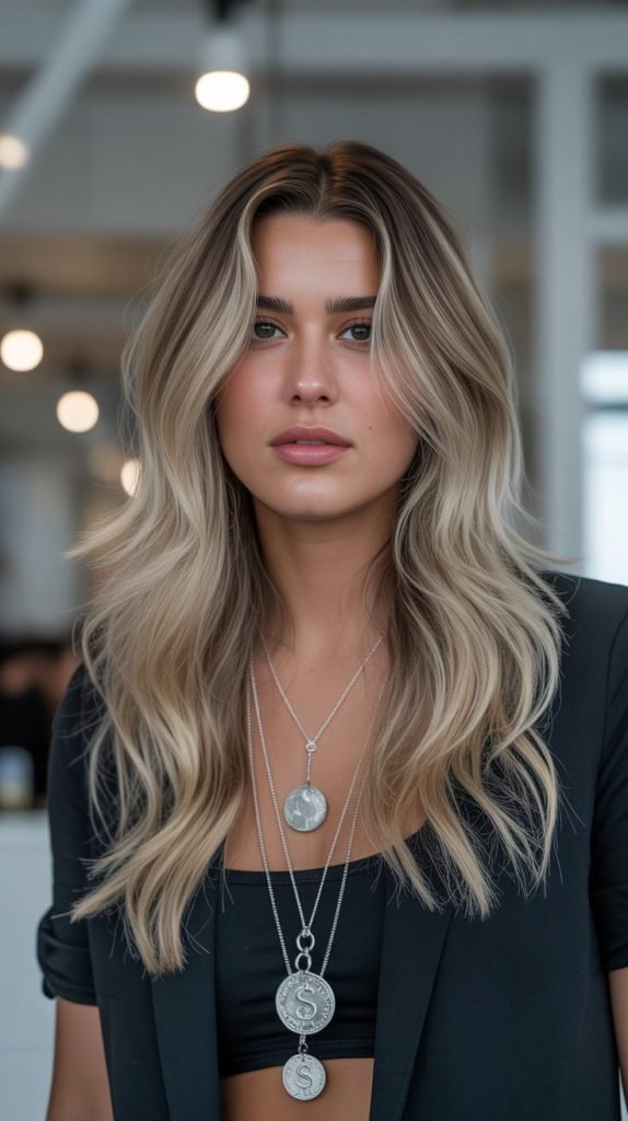 12. Cool Blonde Balayage with Silver Money Piece