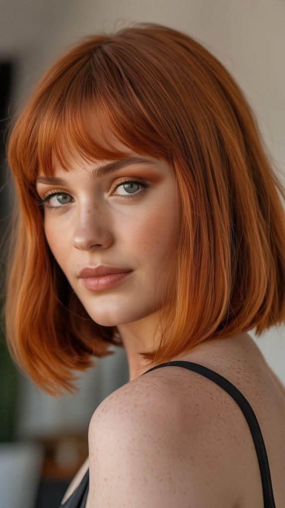  Copper Long Bob with Warm-Toned Curtain Bangs