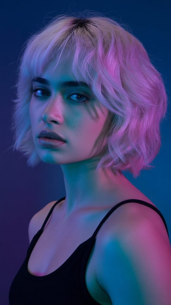 31. Cosmic Blonde Bob with Curtain Bangs