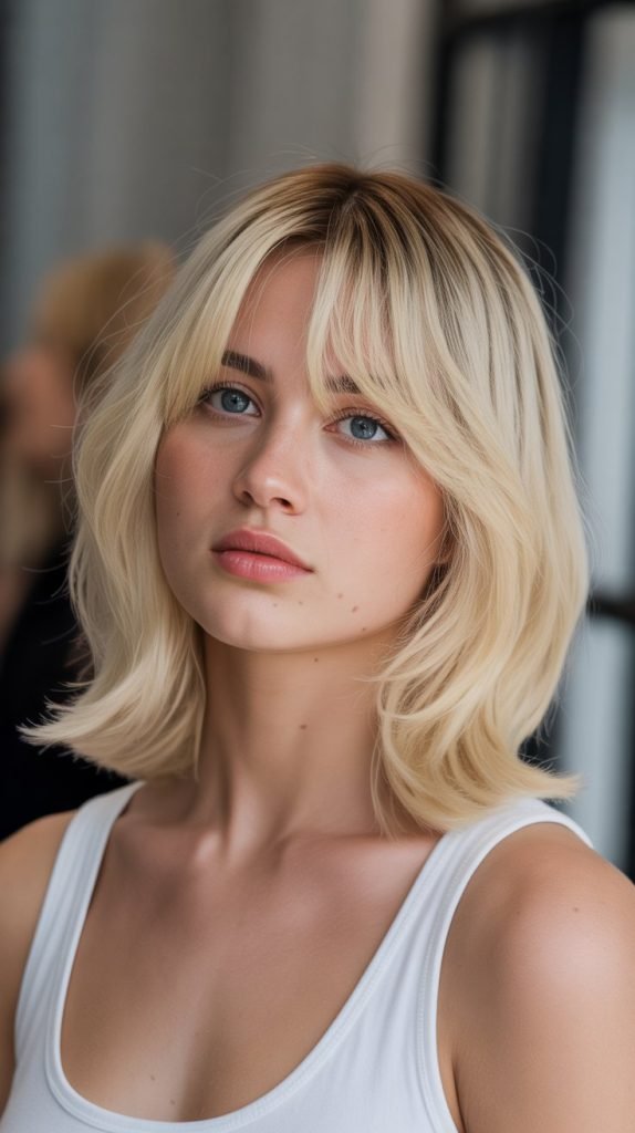 Creamy Blonde Bob with Curtain Bangs and Face-Framing Highlights